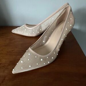 Chic Pearl-Studded Nude Heels Size 9.5